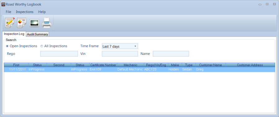 Road Worthy Logbook - Main Screen Default screen of Roadworthy Logbook